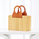 Handwoven Straw Tote Bag with Brown Leather Top Handle: Brown