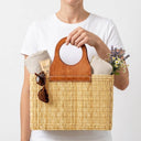 Handwoven Straw Tote Bag with Brown Leather Top Handle: Brown