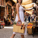 Handwoven Straw Tote Bag with Brown Leather Top Handle: Black