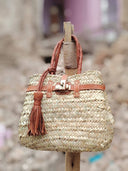 Straw Beach Tote Bag with Leather Handles: Small