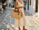 Handwoven Straw Tote Bag with Brown Leather Top Handle: Black