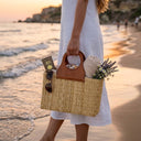 Handwoven Straw Tote Bag with Brown Leather Top Handle: Brown