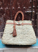 Straw Beach Tote Bag with Leather Handles: Small