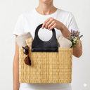 Handwoven Straw Tote Bag with Brown Leather Top Handle: Brown